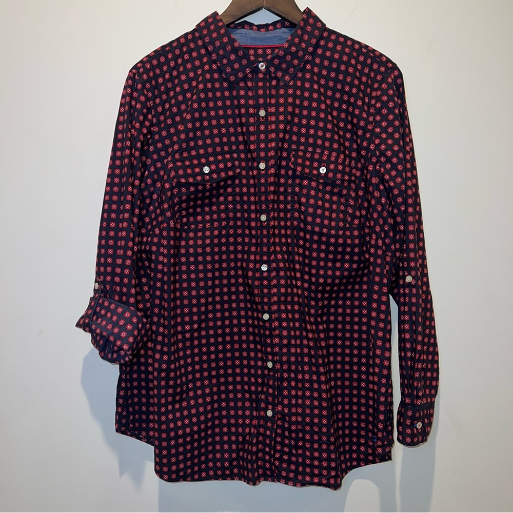 Talbots Woman Navy And Red Floral Button Down Shirt Size 18W Roll Tab Sleeve GUC